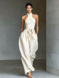 Ivory Halter Tie-Waist Wide-Leg Jumpsuit