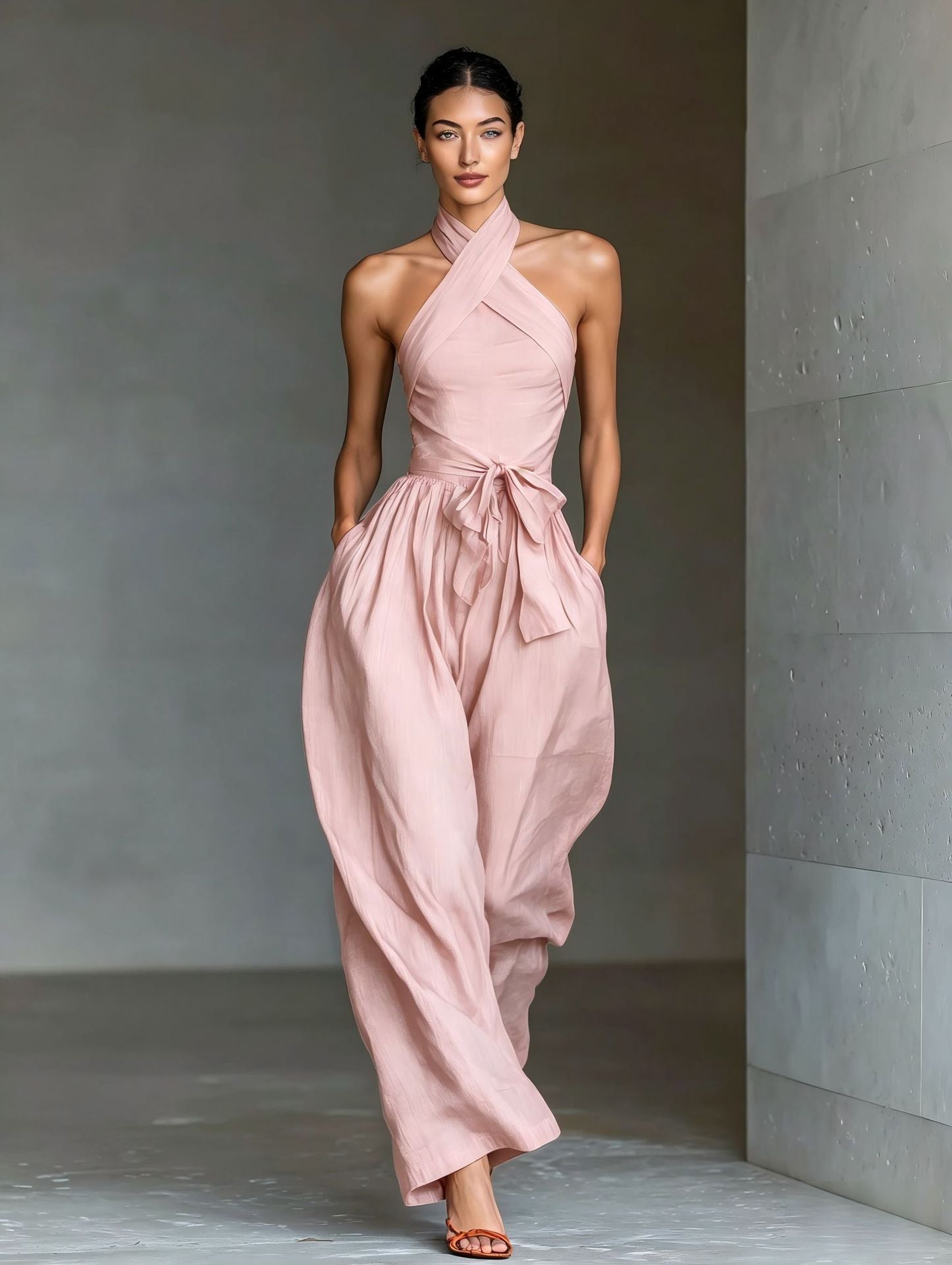 Ivory Halter Tie-Waist Wide-Leg Jumpsuit